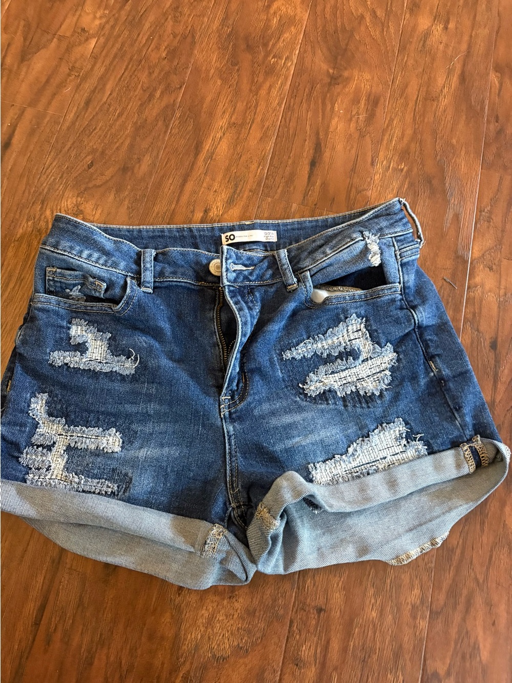 SO Distressed Blue Rolled-Hem Denim Shorts